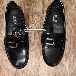 Jones New York Black Leather Loafers with Gold Buckle